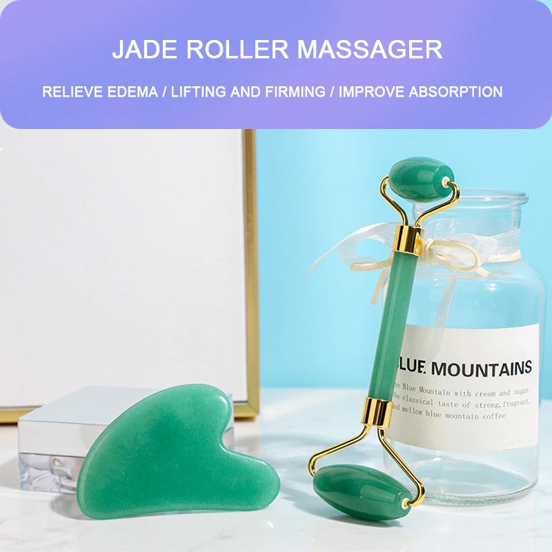 Natural Jade Gua Sha Stone Board Double Roller Jade Facial Massage  for Face Neck Back Body Face Massager Scrapers Tools